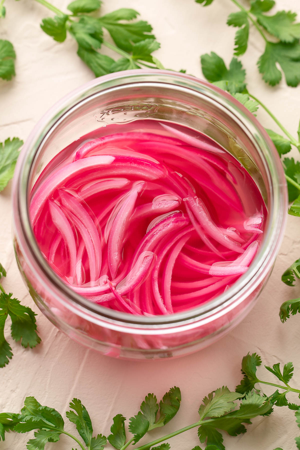 Jarred Pickled Red Onions with cilantro