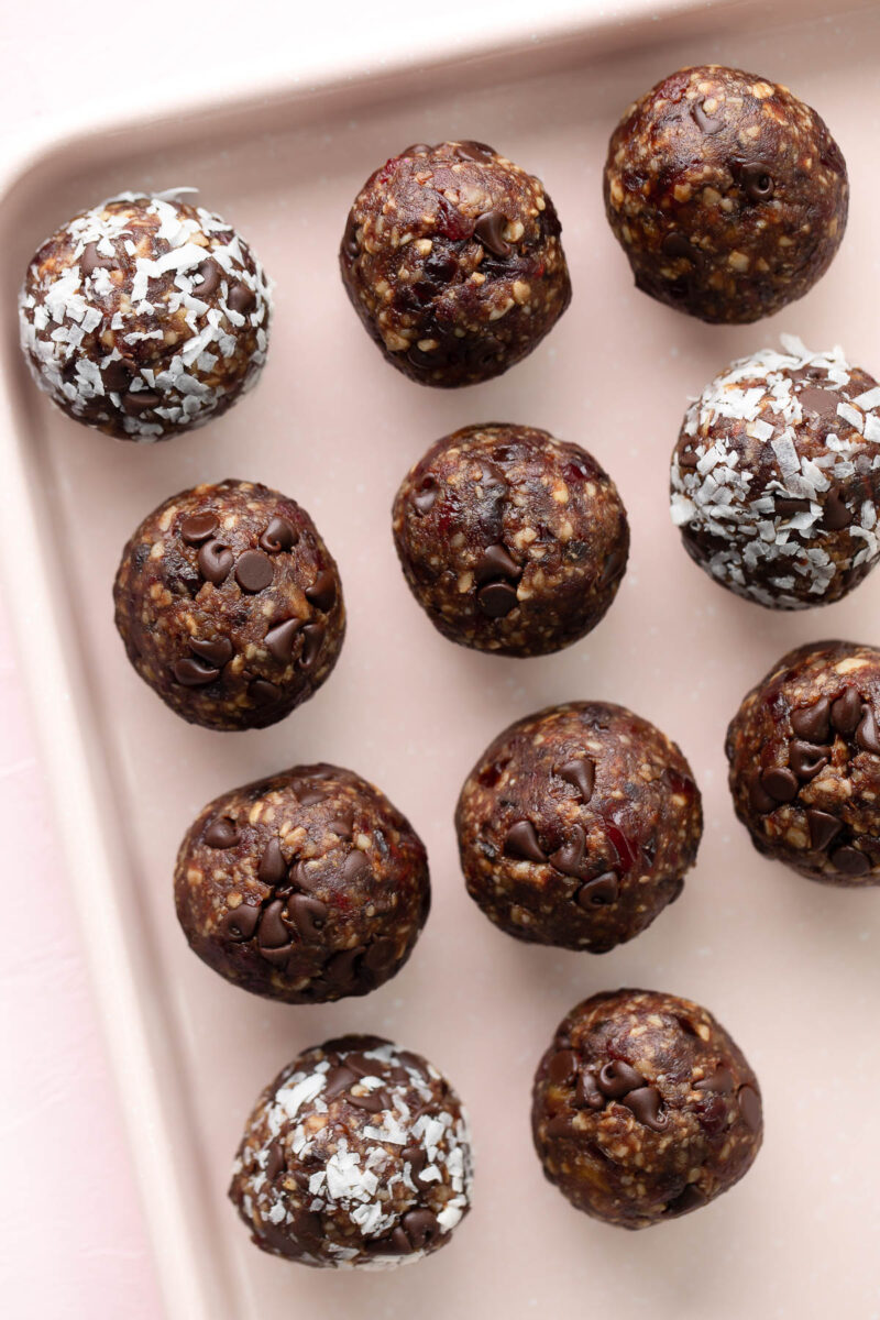 Energy Bites with chocolate chips, dates, dried cherries, almonds, and walnuts