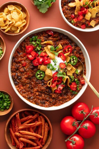 Red Lentil Quinoa Chili with Toppings