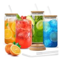 glass cups bamboo lid straw