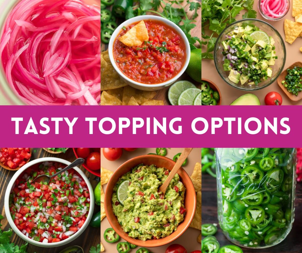 photo collage of taco salad topping options and ingredients