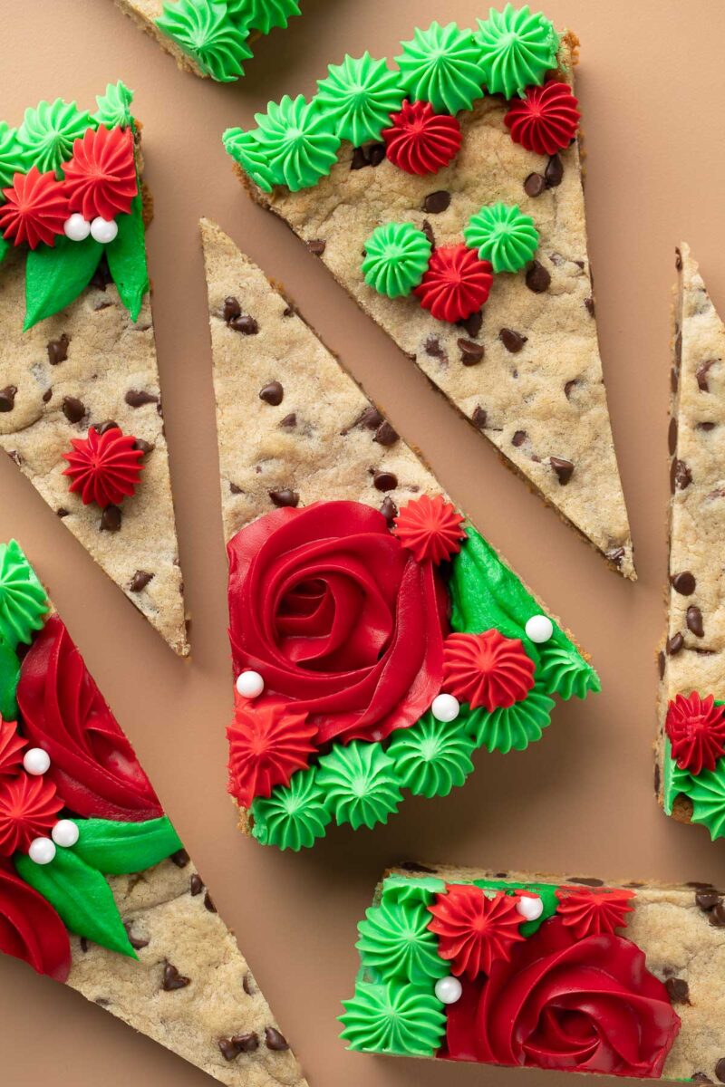 cookie cake slices with red and green icing for christmas