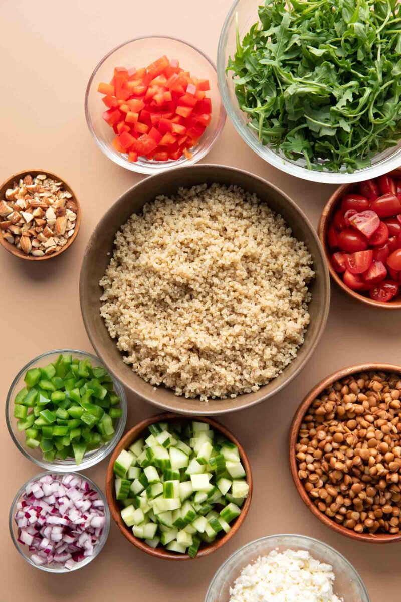 lentil salad ingredients in mixing bowls