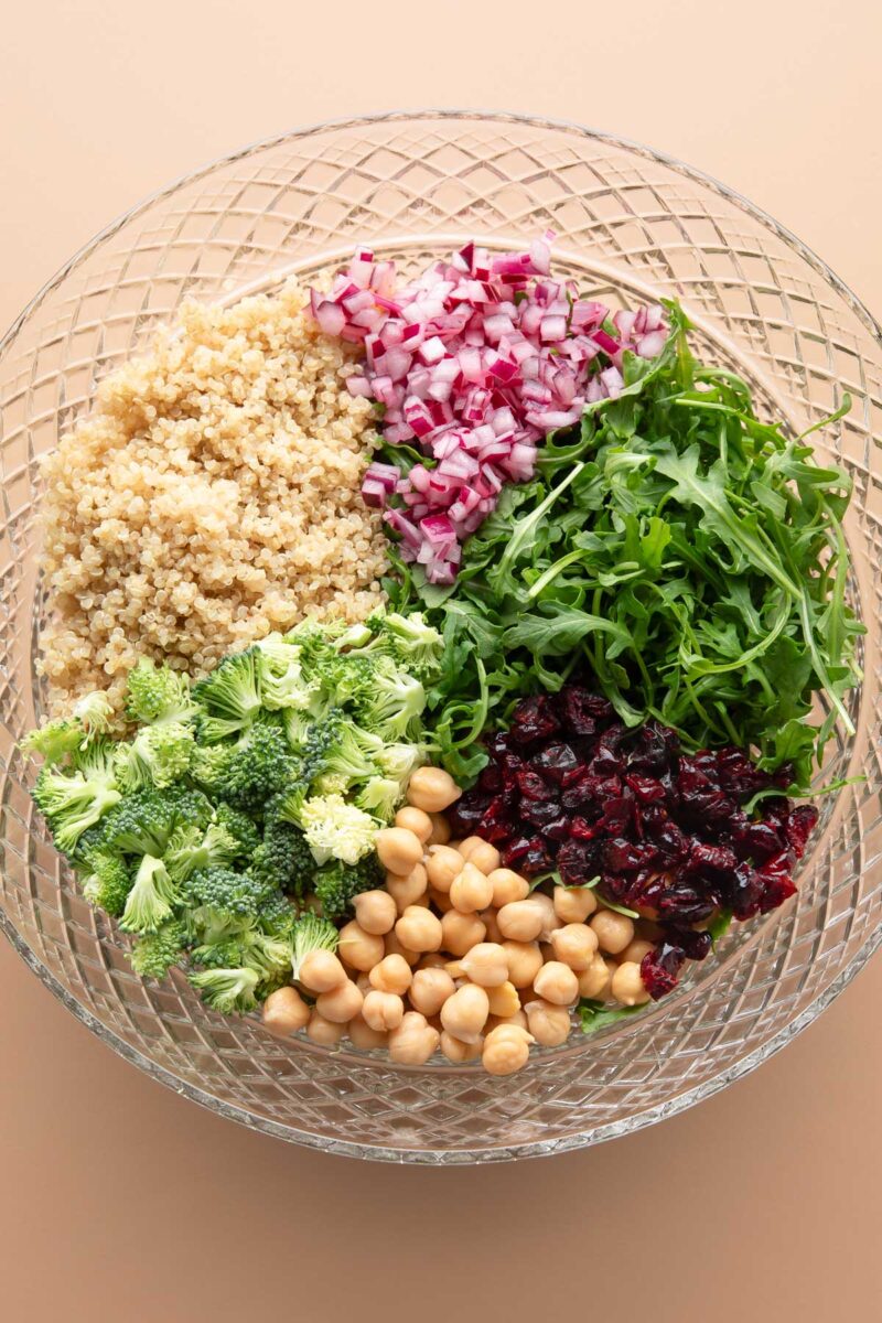 salad ingredients in a mixing bowl: quinoa, red onions, arugula, broccoli, chickpeas, and dried cranberries