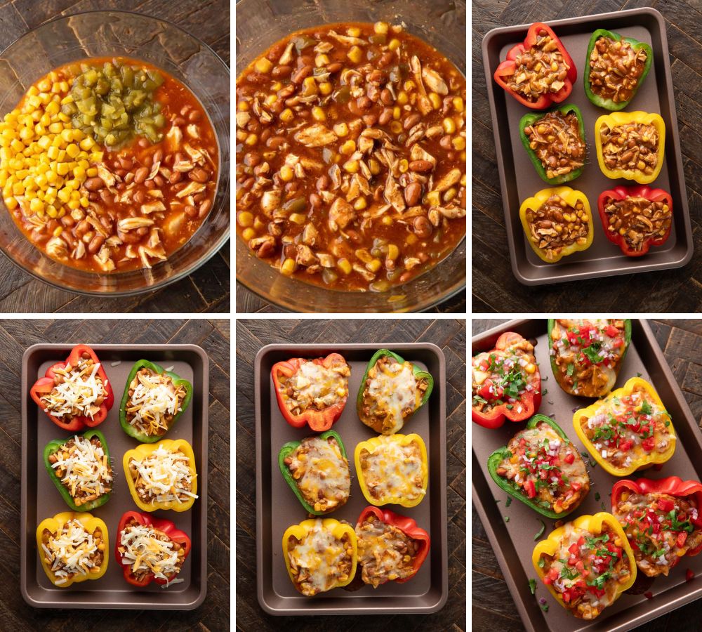 process photos showing steps to make cheesy chicken enchilada stuffed peppers