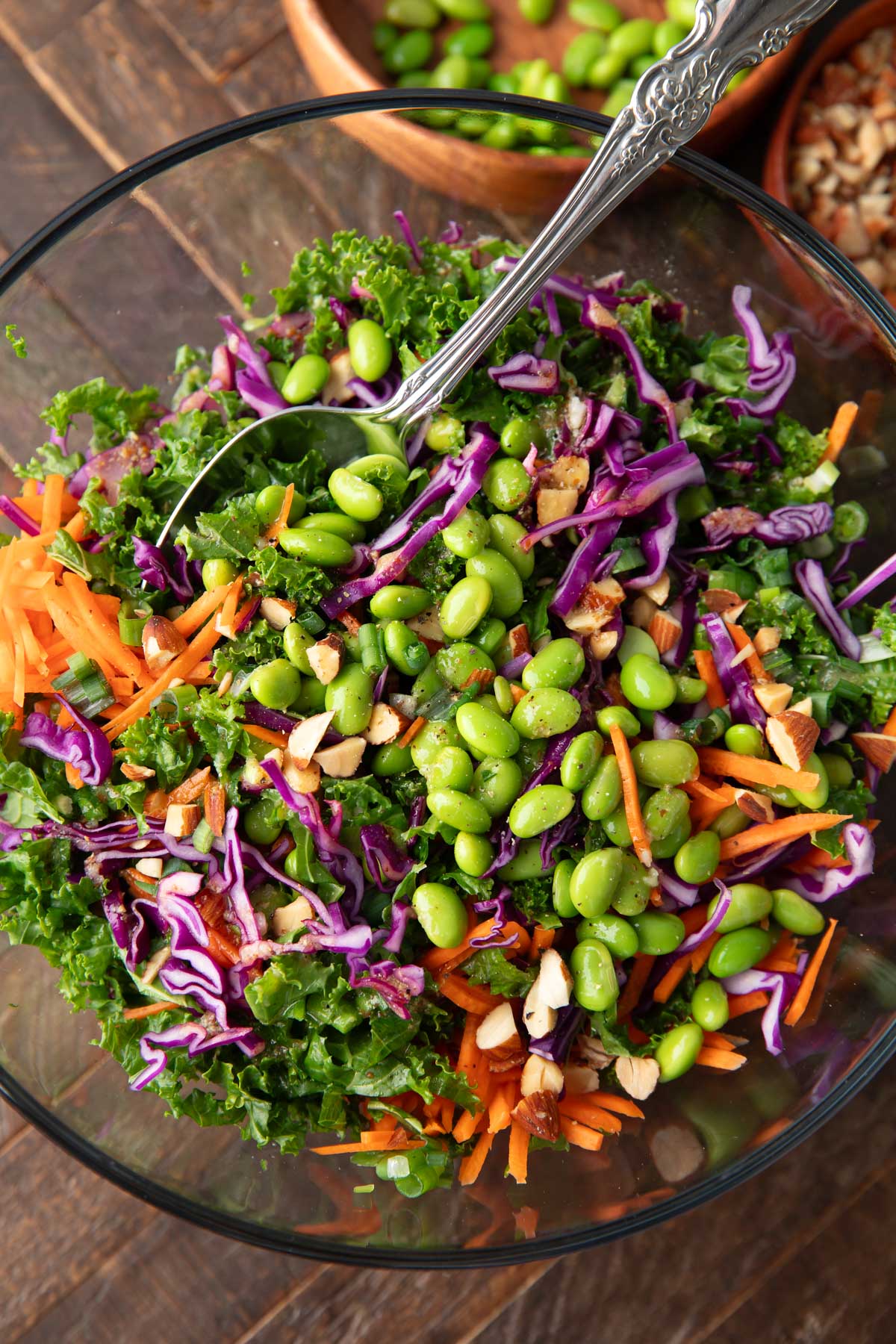bowl of Kale Cabbage Salad with edamame and carrots
