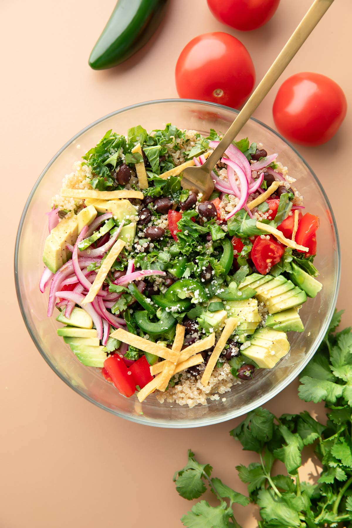 Black Bean Quinoa Bowls with kale, avocado, tomatoes, pickled red onions, black beans, jalapeno peppers, crispy tortilla strips, and cotija cheese