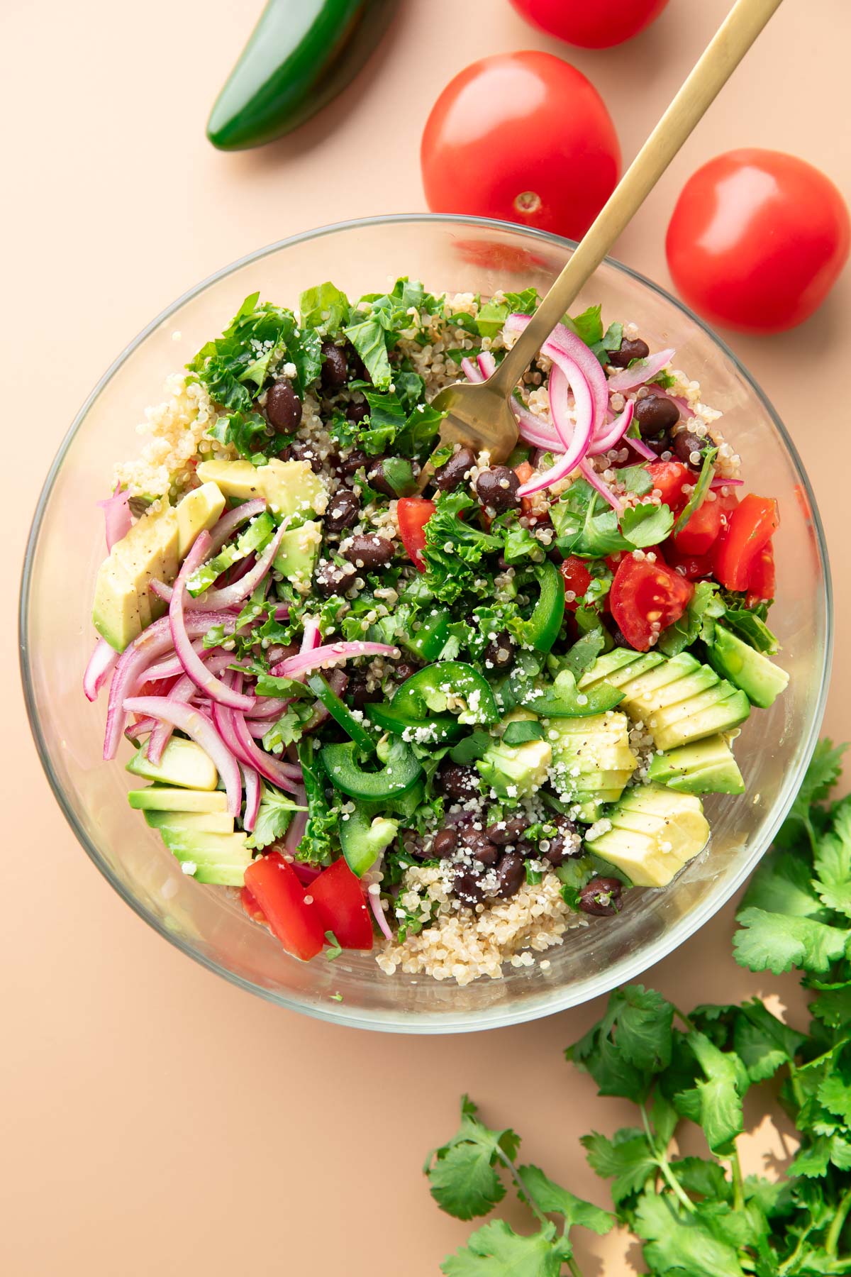 Black Bean Quinoa Bowl with kale, avocado, tomatoes, pickled red onions, black beans, jalapeno peppers, and cotija cheese