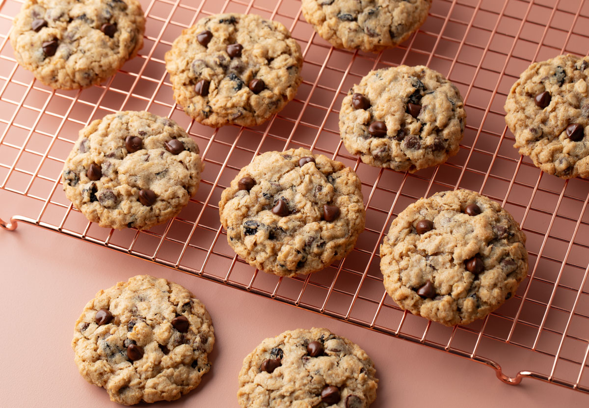 chocolate chip Oatmeal Cherry Cookies on a wire cooling rack