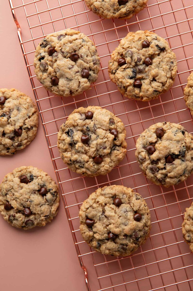 baked chocolate cherry oatmeal cookies cooling on a wire rack