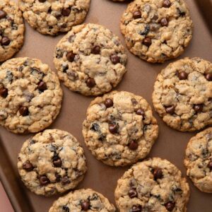 Chocolate Chip Oatmeal Cherry Cookies on a baking sheet