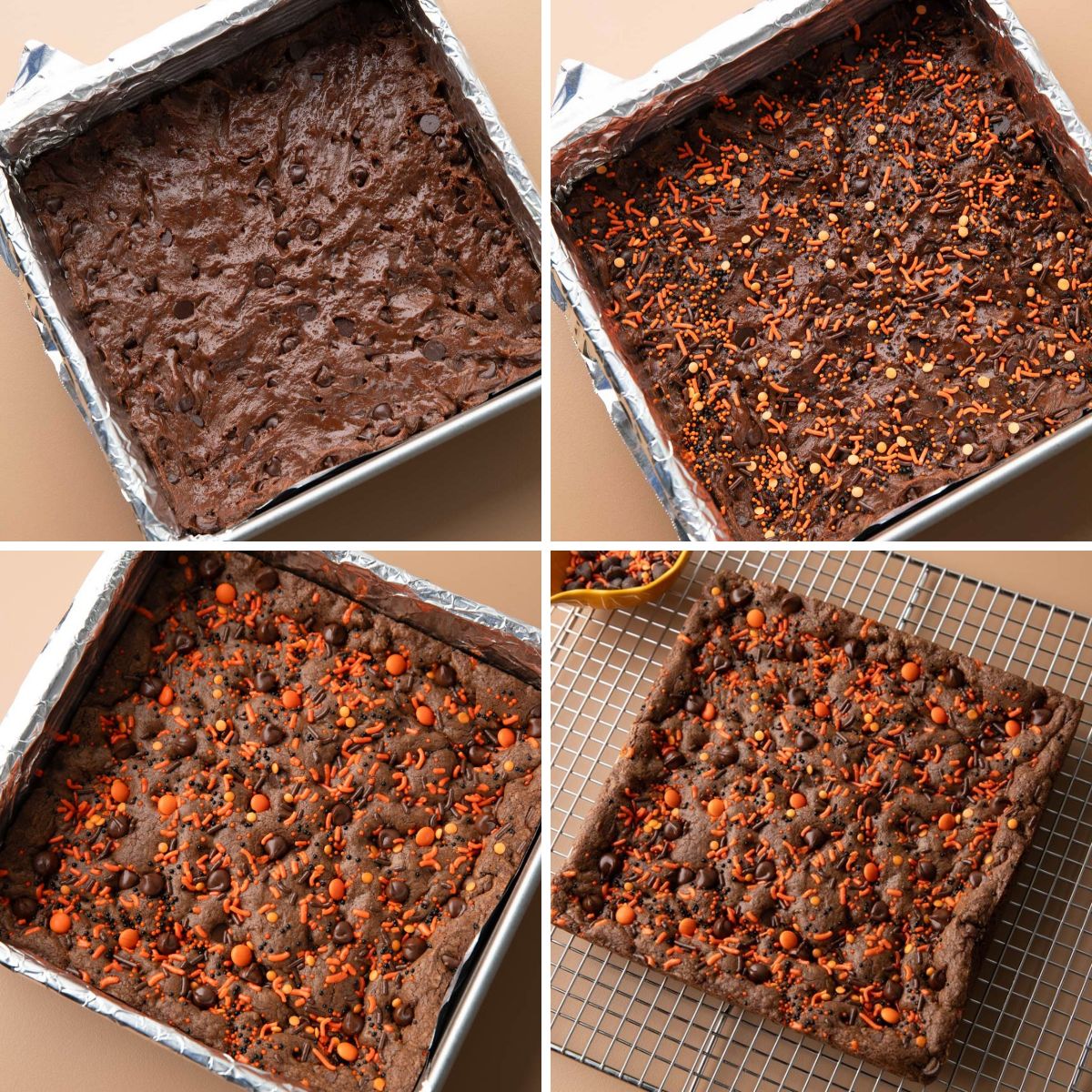 process photos showing steps to make halloween sprinkle cookie bars